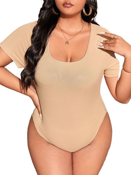 plus solid rib knit bodysuit p7ld#, Black