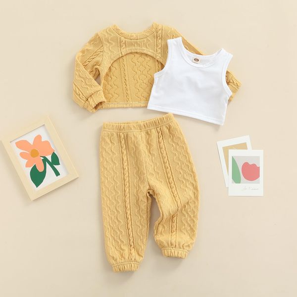 3pcs kids girls autumn clothes sets baby long sleeve pullover short sweater vest pants casual knitwear children outfits, White
3pcs kids girls autumn clothes sets baby long sleeve pullover short sweater vest pants casual knitwear children outfits, White