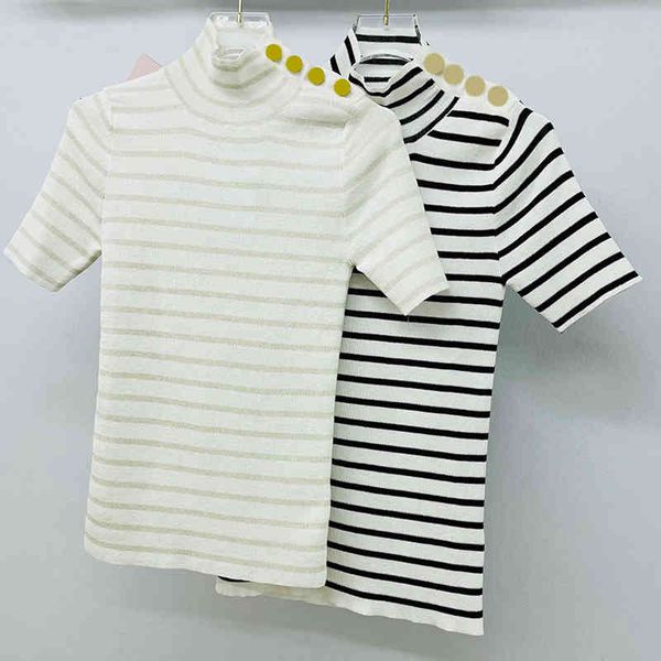 women's knits tees d home stripe knitted high neck women's t-shirt fashion black and white thin short sleeve metal button sweater
women's knits tees d home stripe knitted high neck women's t-shirt fashion black and white thin short sleeve metal button sweater