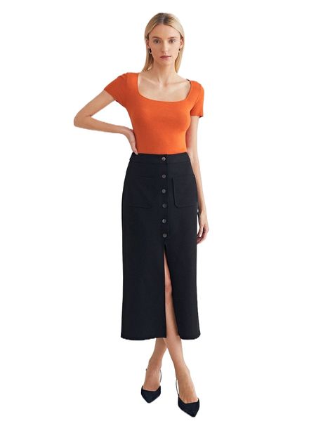 motf premium button straight fit skirt m8zg#, Black