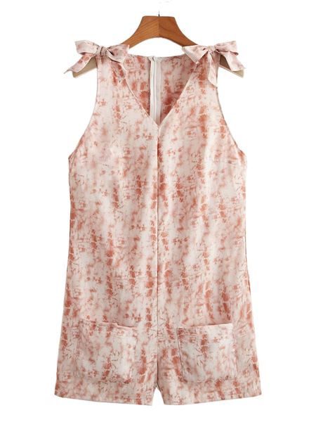tie dye bow shoulder tank romper l4de#, Black;white