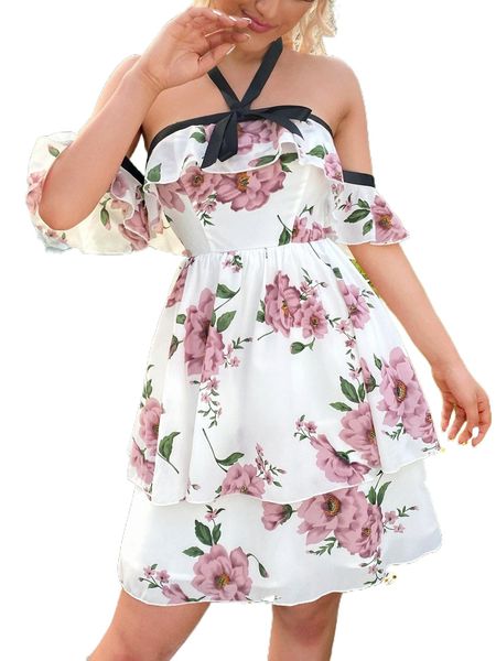 floral print halter off shoulder contrast trim layered hem dress t41a#, Black;gray
floral print halter off shoulder contrast trim layered hem dress t41a#, Black;gray