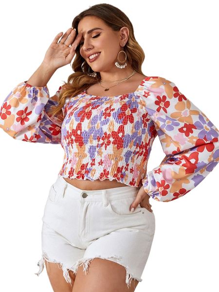 plus allover floral print shirred lantern sleeve crop blouse n54n#, Black