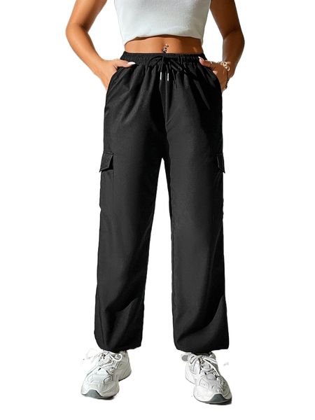 petite flap pocket drawstring waist cargo pants e1zg#, Black;white 
petite flap pocket drawstring waist cargo pants e1zg#, Black;white