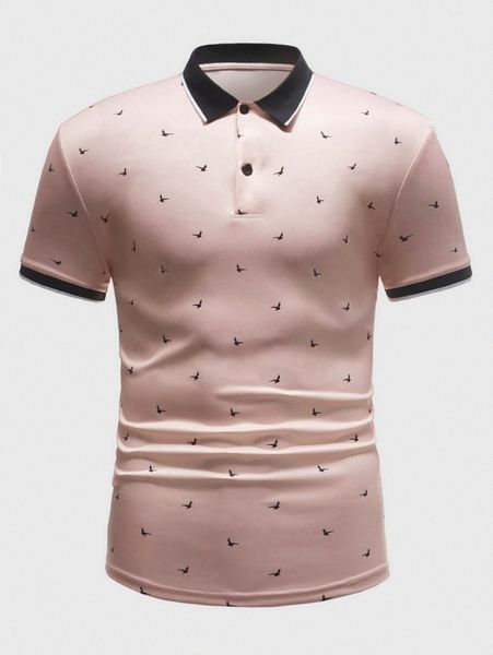 men bird print contrast trim polo shirt k8s4#, White;black