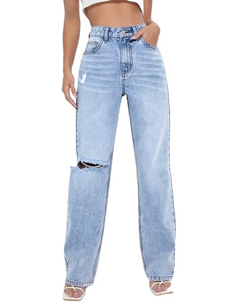 high waist patch detail ripped straight leg jeans 85ac#, Blue
