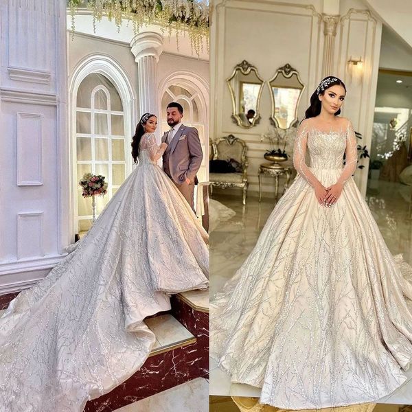 luxurious sequins lace wedding dresses ball gown illusion full sleeve sweep floor bridal gown custom made, White
luxurious sequins lace wedding dresses ball gown illusion full sleeve sweep floor bridal gown custom made, White