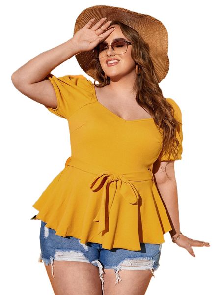 plus sweetheart neck puff sleeve peplum belted blouse u2yd#, Black
plus sweetheart neck puff sleeve peplum belted blouse u2yd#, Black