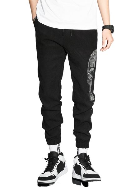 men letter & skull print drawstring waist tapered pants h4to#, Black 
men letter & skull print drawstring waist tapered pants h4to#, Black