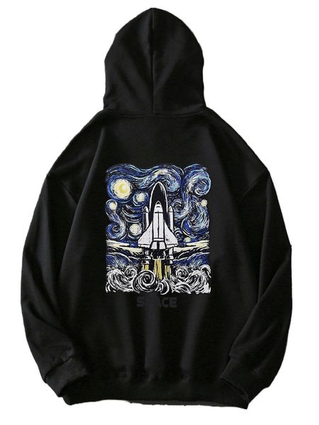 men letter & rocket print drop shoulder drawstring hoodie s4m1#, Black