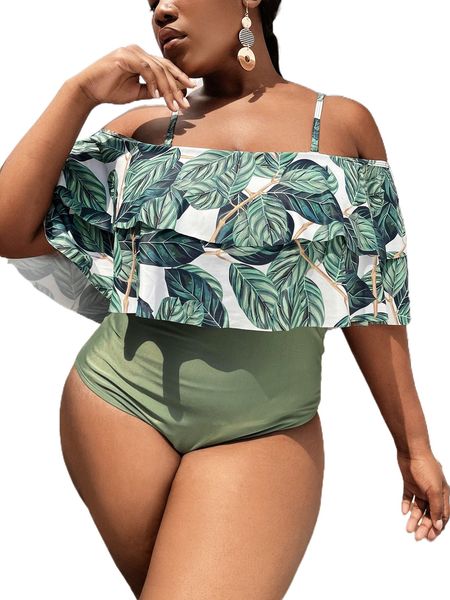 plus leaf print cold shoulder layered ruffle trim one piece swimsuit p5ig#, White;black
plus leaf print cold shoulder layered ruffle trim one piece swimsuit p5ig#, White;black