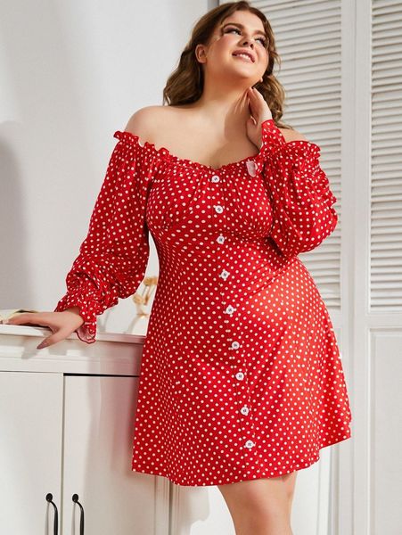 sbetro plus polka dot off shoulder flounce sleeve single breasted dress k2kv#, Black
sbetro plus polka dot off shoulder flounce sleeve single breasted dress k2kv#, Black