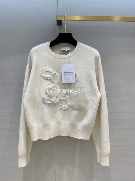 women's knits & tees autumn and winter small fragrance letter camellia decoration round neck pullover sweater loose thin women's t, White 
women's knits & tees autumn and winter small fragrance letter camellia decoration round neck pullover sweater loose thin women's t, White