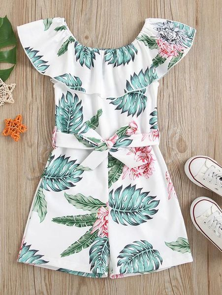 toddler girls tropical print ruffle trim belted romper she, Blue 
toddler girls tropical print ruffle trim belted romper she, Blue