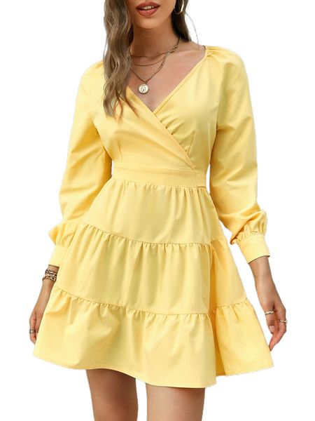 simplee surplice neck ruffle hem tie back dress 73mf#, Black;gray 
simplee surplice neck ruffle hem tie back dress 73mf#, Black;gray