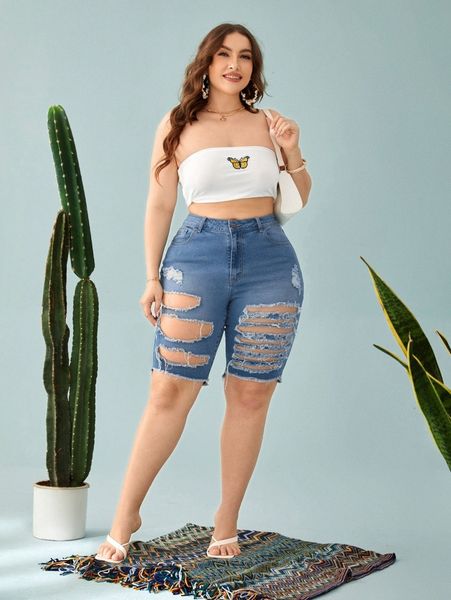 plus ripped raw hem denim shorts h2gy#, White;black