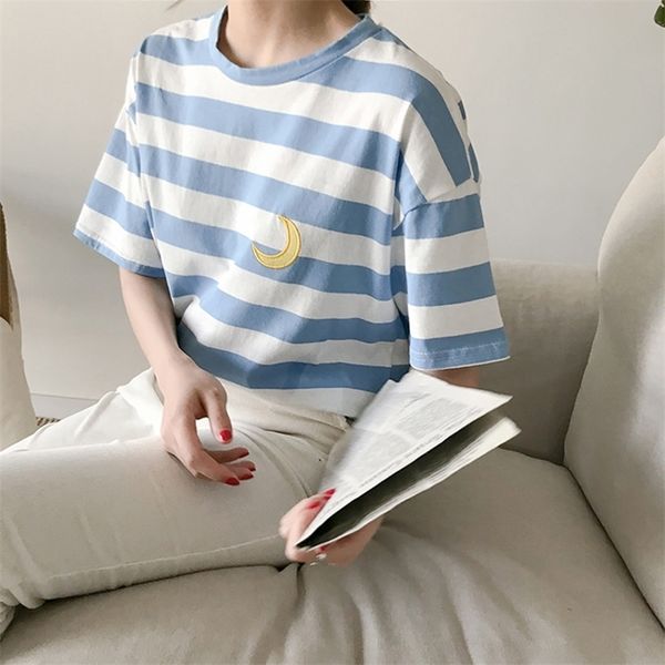 new summer small fresh candy color stripe short sleeve t shirt women cute embroidery casual tshirt female t200110, White
new summer small fresh candy color stripe short sleeve t shirt women cute embroidery casual tshirt female t200110, White