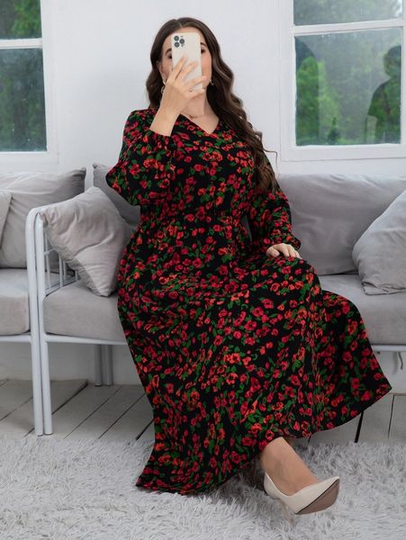 plus allover floral print lantern sleeve dress without belt s3la#, Black