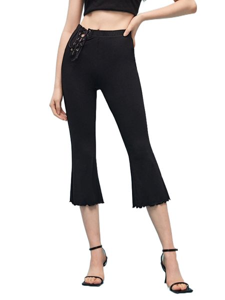 x boundless sultry lace up front lettuce trim flare leg pants l06i#, Black;white