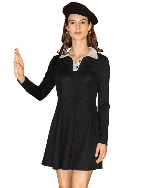 contrast collar button front dress 824z#, Black;gray