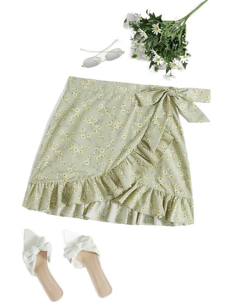 ditsy floral print knot side ruffle trim wrap skirt 51uo#, Black
ditsy floral print knot side ruffle trim wrap skirt 51uo#, Black
