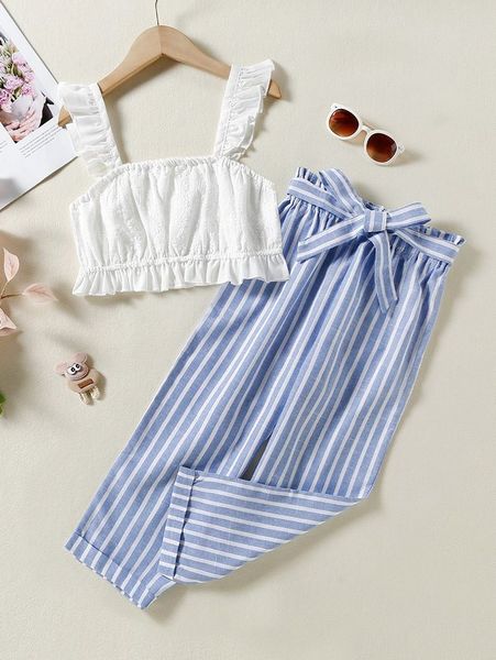 girls' ruffled mesh embroidered and striped pattern paper bag waist belt pants she, White
girls' ruffled mesh embroidered and striped pattern paper bag waist belt pants she, White