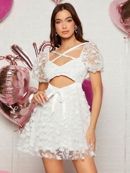 cutout tie front floral applique mesh dress g3y7#, Black;gray
cutout tie front floral applique mesh dress g3y7#, Black;gray