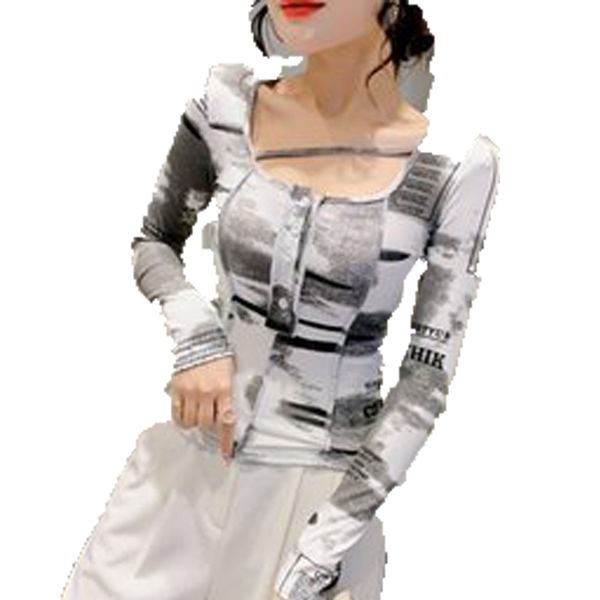 women's t-shirt spring long sleeve t shirt women square collar buttons club short female tight basic streetwear, White
women's t-shirt spring long sleeve t shirt women square collar buttons club short female tight basic streetwear, White