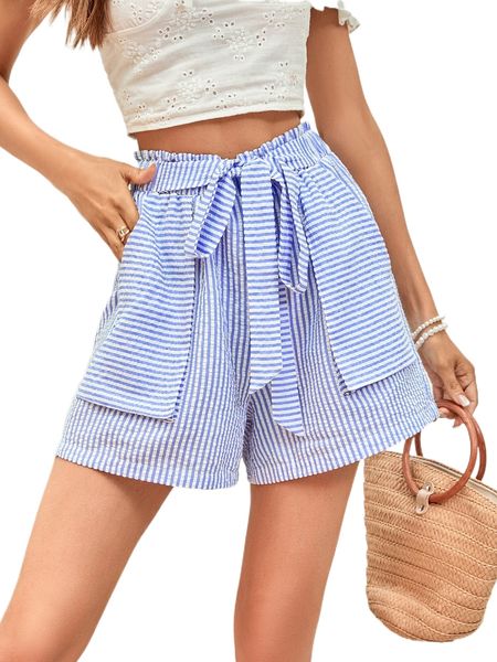 striped slant pockets paperbag waist belted shorts z0df#, White;black 
striped slant pockets paperbag waist belted shorts z0df#, White;black