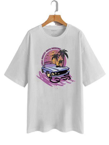 slogan & car print drop shoulder tee j1y7#, White