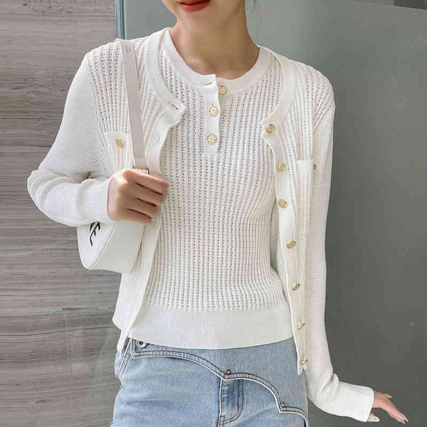 women's sweaters summer fashion gold button stitched hollowed out cool vest coat two-piece light mature style leisure suit ggdl, White;black
women's sweaters summer fashion gold button stitched hollowed out cool vest coat two-piece light mature style leisure suit ggdl, White;black