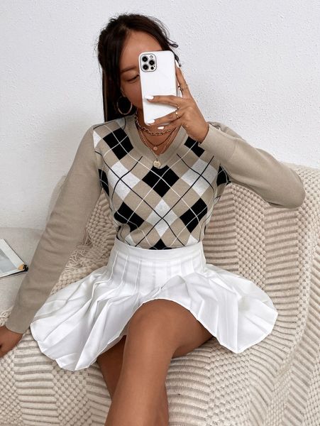 v-neck argyle pattern sweater x143#, White;black