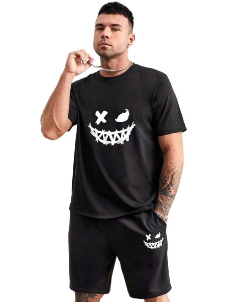 extended sizes men cartoon graphic tee & drawstring waist shorts k6sv#, Gray
