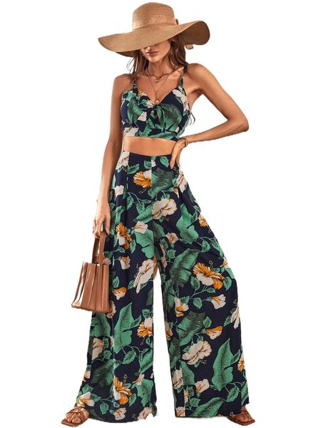 tropical print tie front cami & wide leg pants 04ng#, White