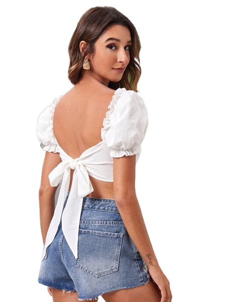 frilled puff sleeve tie backless i8up#, White
frilled puff sleeve tie backless i8up#, White