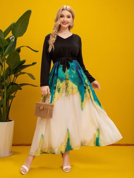 plus graphic print belted dress a96z#, Black