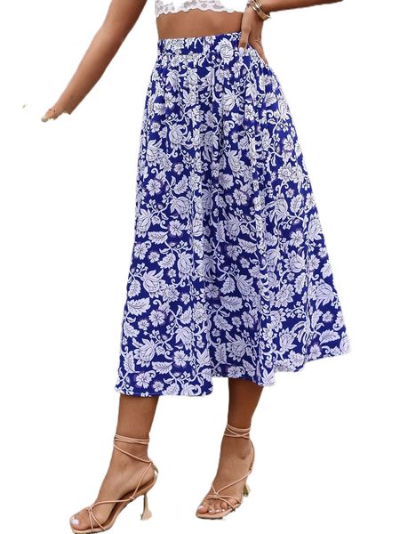 allover floral print elastic waist skirt o1hd#, Black