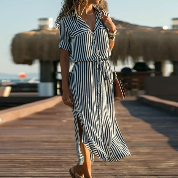 women summer chiffon shirt dress beach short sleeve long dress boho striped slit lapel button elegant dresses vestido belt y200828, Black;gray
women summer chiffon shirt dress beach short sleeve long dress boho striped slit lapel button elegant dresses vestido belt y200828, Black;gray