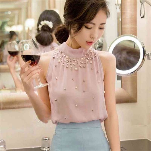 women fashionable chiffon beads shirt feminine sleeveless halter dew back 210325, White
women fashionable chiffon beads shirt feminine sleeveless halter dew back 210325, White