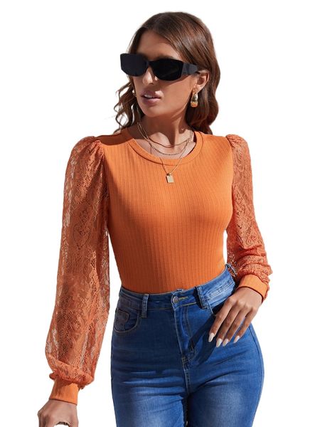 contrast lace lantern sleeve tee v2de#, White 
contrast lace lantern sleeve tee v2de#, White