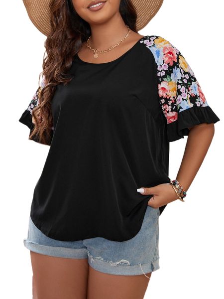 plus floral print flounce sleeve blouse p6c5#, Black
