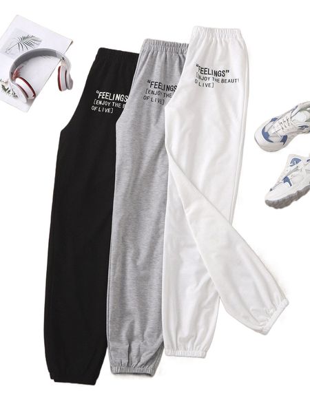 3pcs slogan graphic sweatpants u9di#, Black;white 
3pcs slogan graphic sweatpants u9di#, Black;white
