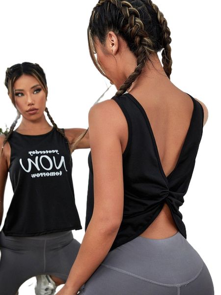 letter graphic twist back sports tank 37m6#, Gray