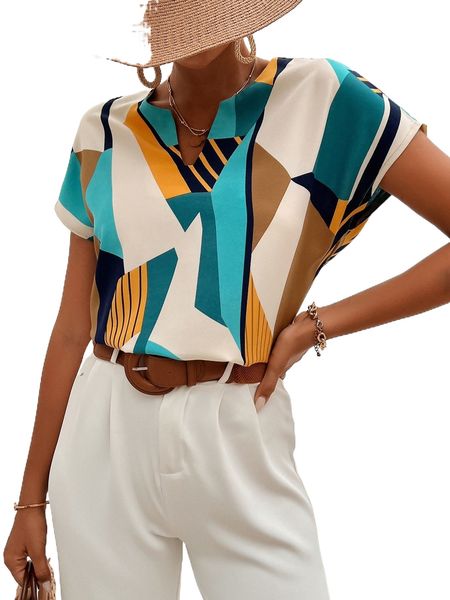 geo print notched neck blouse x3qu#, White