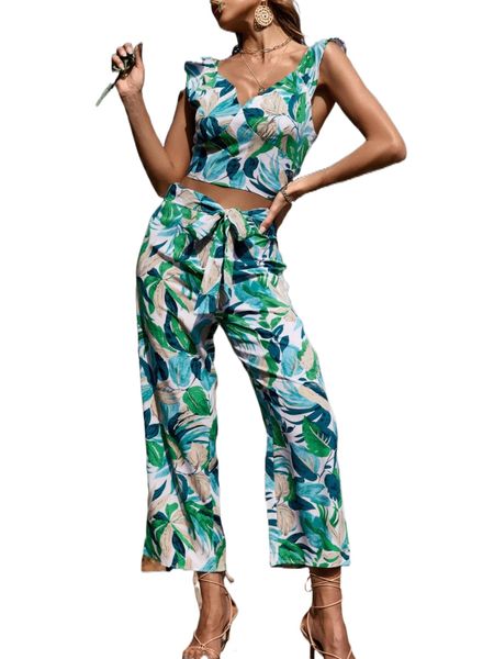 leaf print shirred back ruffle trim crop & belted pants d00w#, White
leaf print shirred back ruffle trim crop & belted pants d00w#, White