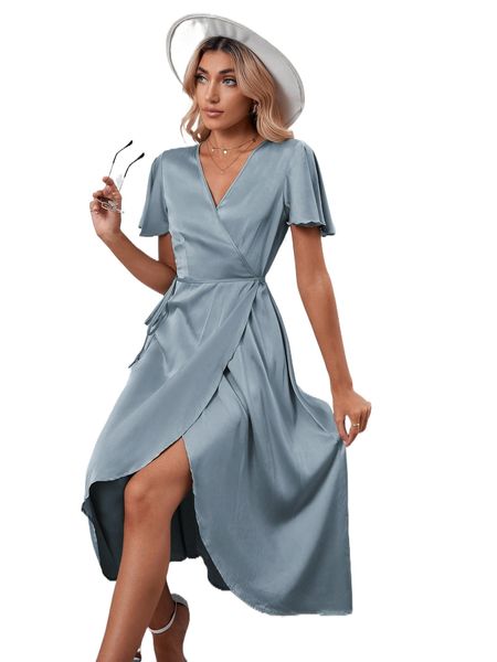 solid flounce sleeve wrap dress 39a3#, Black;gray 
solid flounce sleeve wrap dress 39a3#, Black;gray