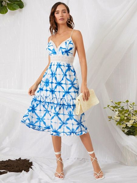 tie dye lace up backless lace insert slip dress z0vc#, Black;gray