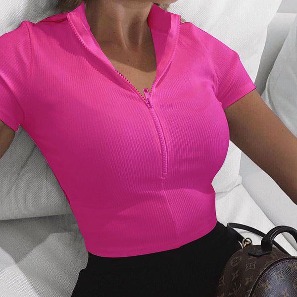 women's t-shirt summer women's zipper stand collar knitted short sleeve tight sports leak navelwomen's, White
women's t-shirt summer women's zipper stand collar knitted short sleeve tight sports leak navelwomen's, White