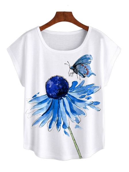 floral & butterfly print dolman sleeve tee n40e#, White