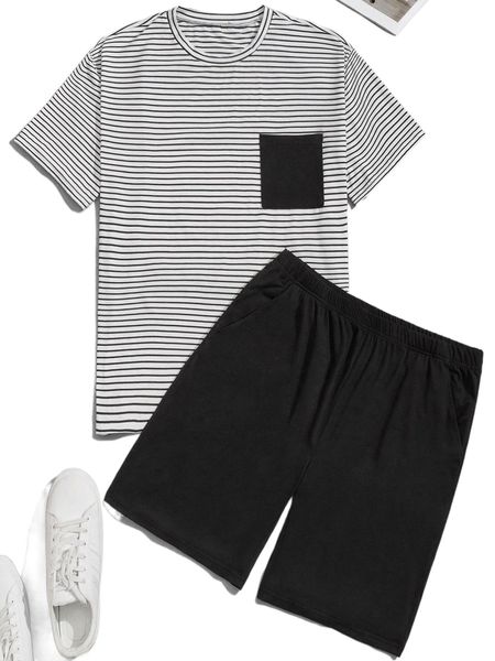 men striped patched pocket tee & shorts o238#, Black;brown
men striped patched pocket tee & shorts o238#, Black;brown
